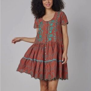 MODAPOSA Simonetta Short Sleeve Hand Embroidered Eyelet Dress